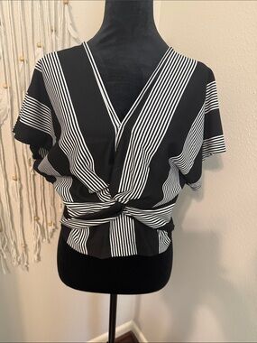 RAIN Black & White Striped Twist-Front Women's Blouse